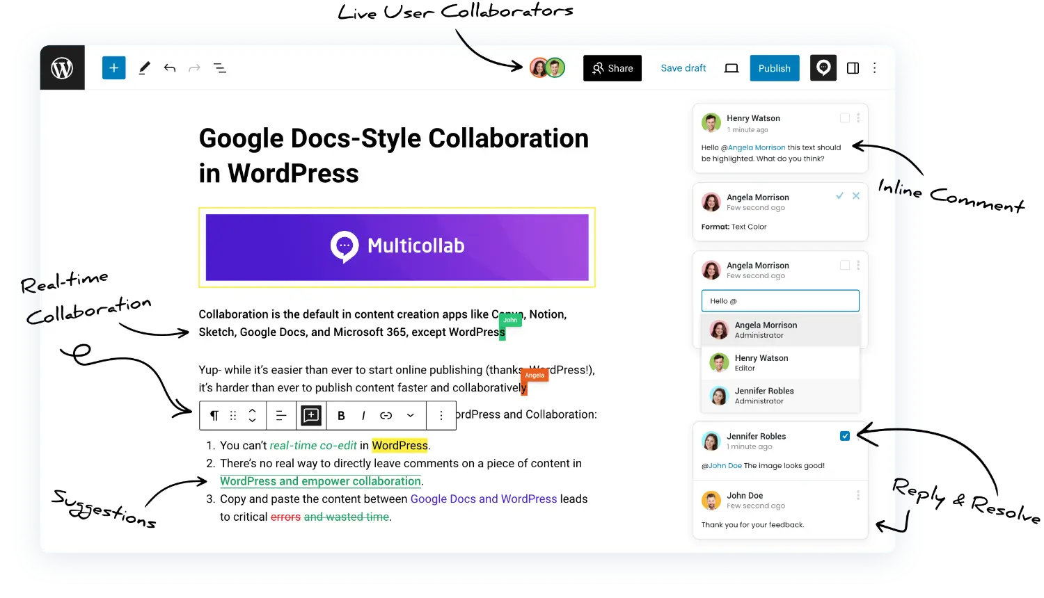 real-time collaboration and suggestions feature in Multicollab dashboard