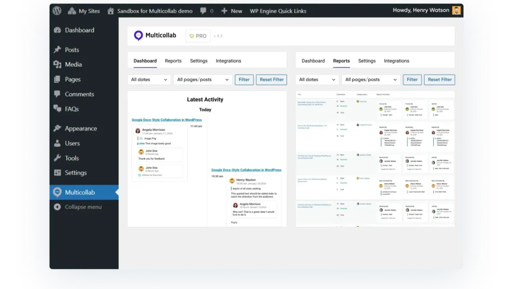 Multicollab Advanced reporting and activity timeline